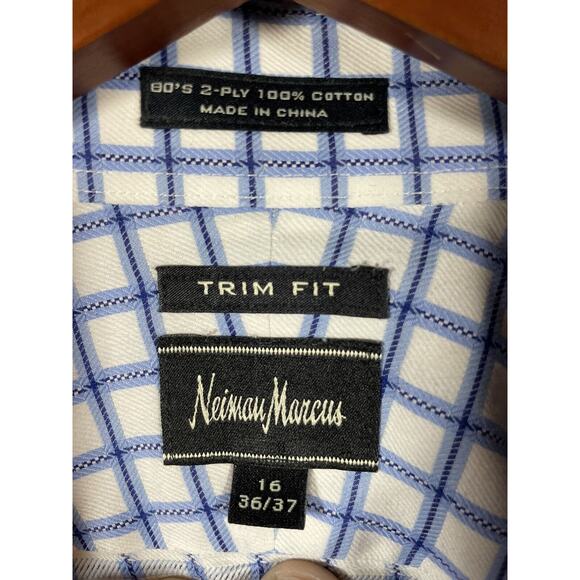 Neiman Marcus Dress Shirt Men's 16 36/37 Blue Check Long Sleeve Trim Fit - Picture 4 of 7